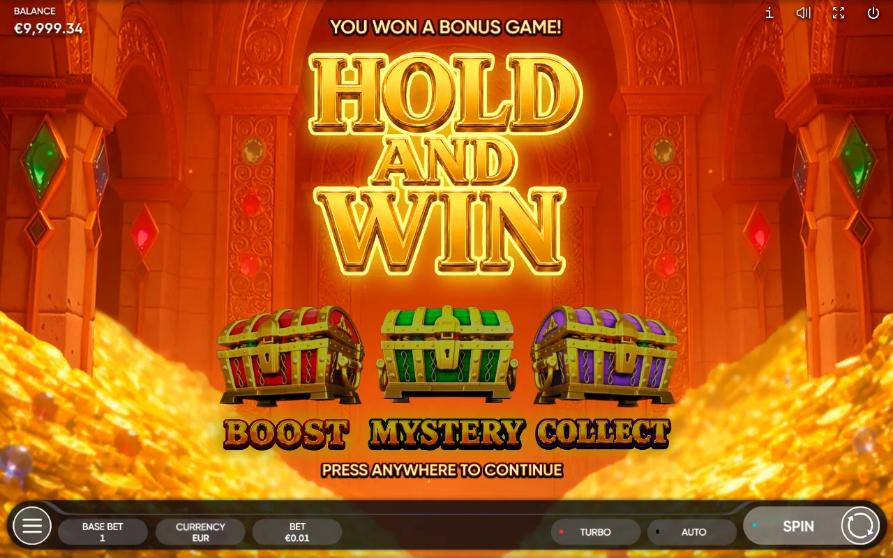 Hold and Win intro card with all three BOOST, MYSTERY and COLLECT chests closed, meaning no special symbols this round.