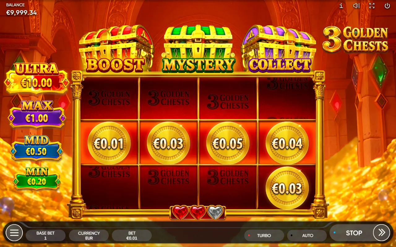 Hold and Win board with the ULTRA, MAX, MID and MIN jackpot ladder down the left and a three-heart attempts counter below the grid.
