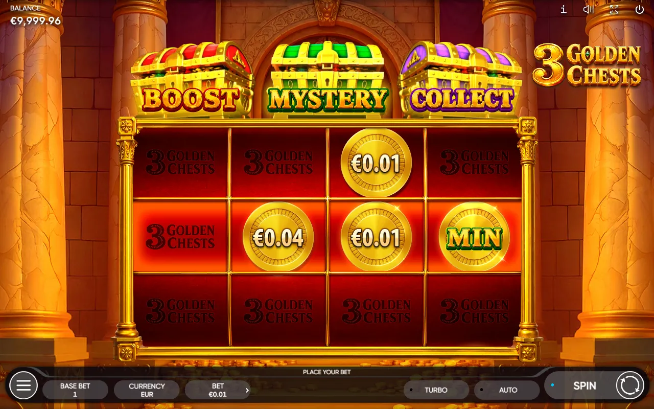 4x3 grid with a green MIN jackpot coin in the centre row alongside two prize coins.