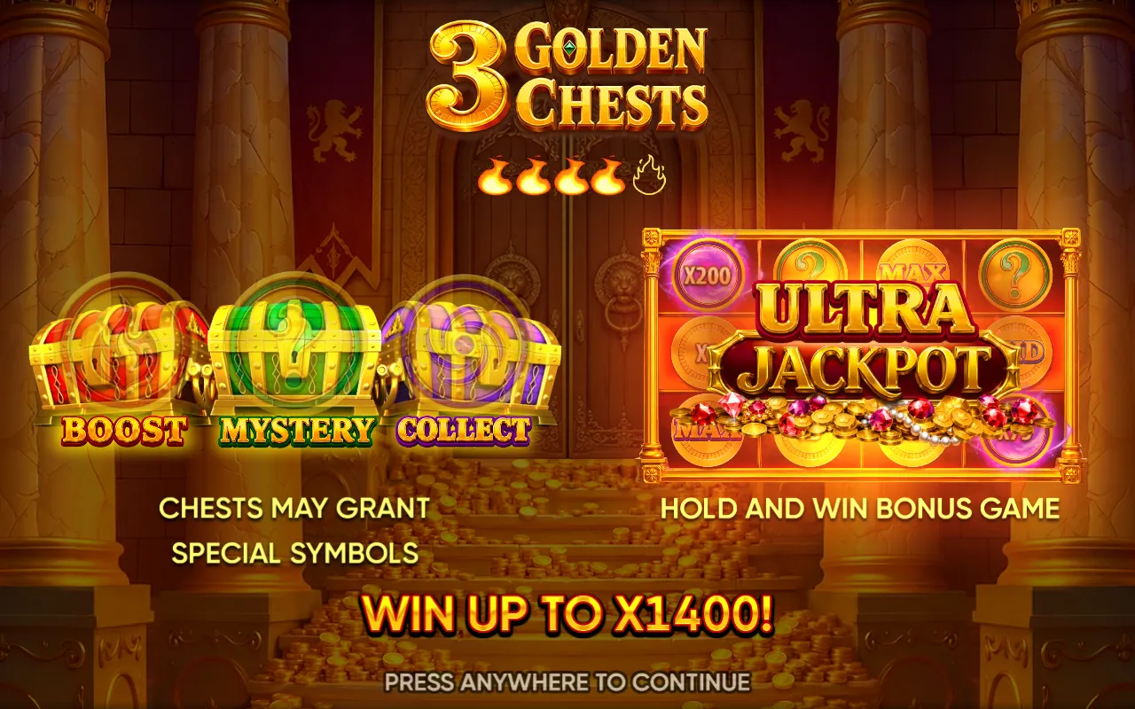 3 Golden Chests splash screen showing a four-of-five volatility meter, three labelled treasure chests and a win up to x1400 claim.
