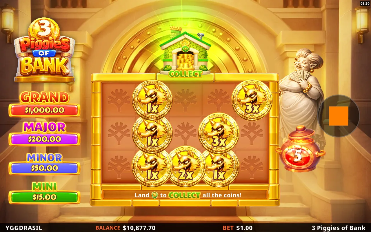 Seven gold wolf coins locked on the bonus board with the green Collect bank lit above and five respins remaining