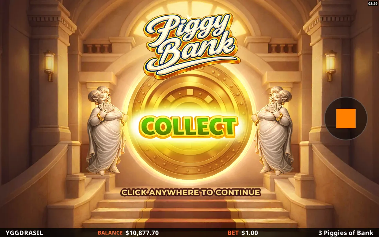 The bonus round opening on a Piggy Bank card reading COLLECT inside a marble bank hall