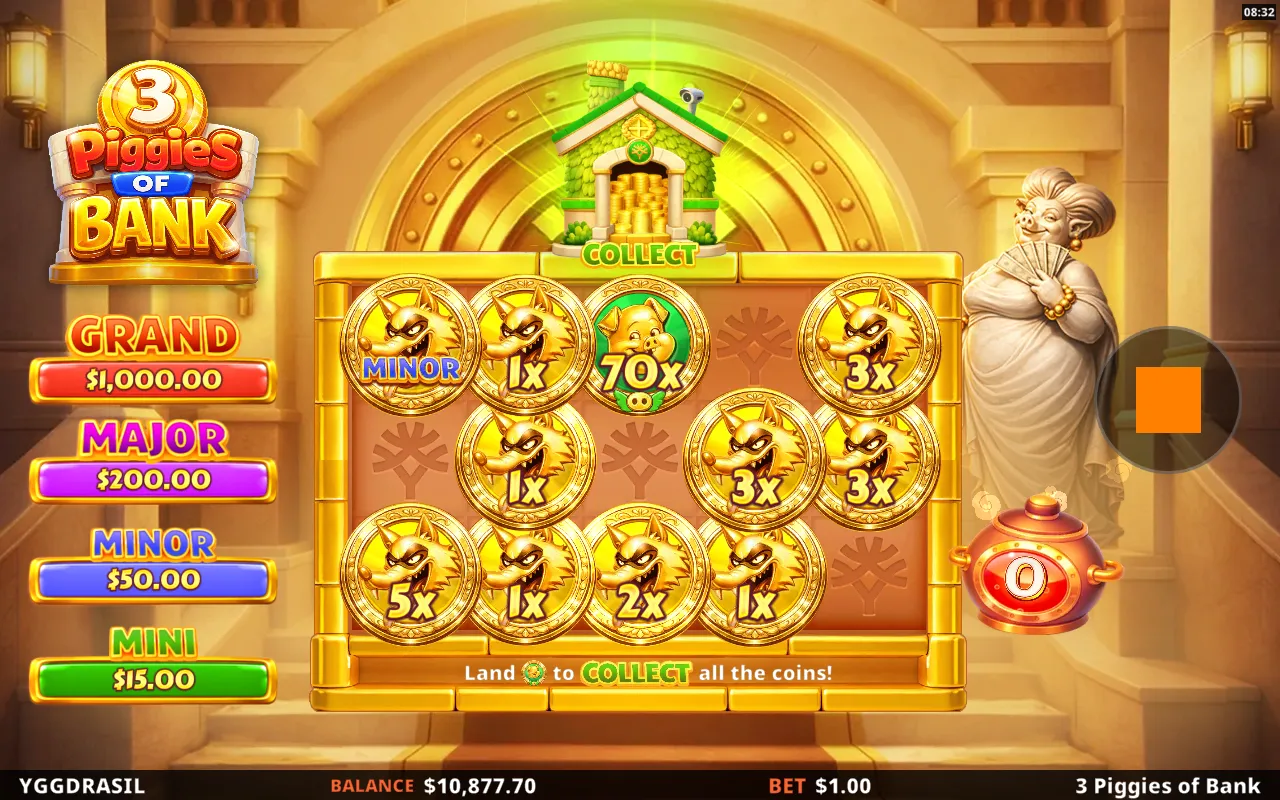 Final bonus board with eleven locked coins including a Minor prize coin and a green Collect pig showing 70x, respins at zero