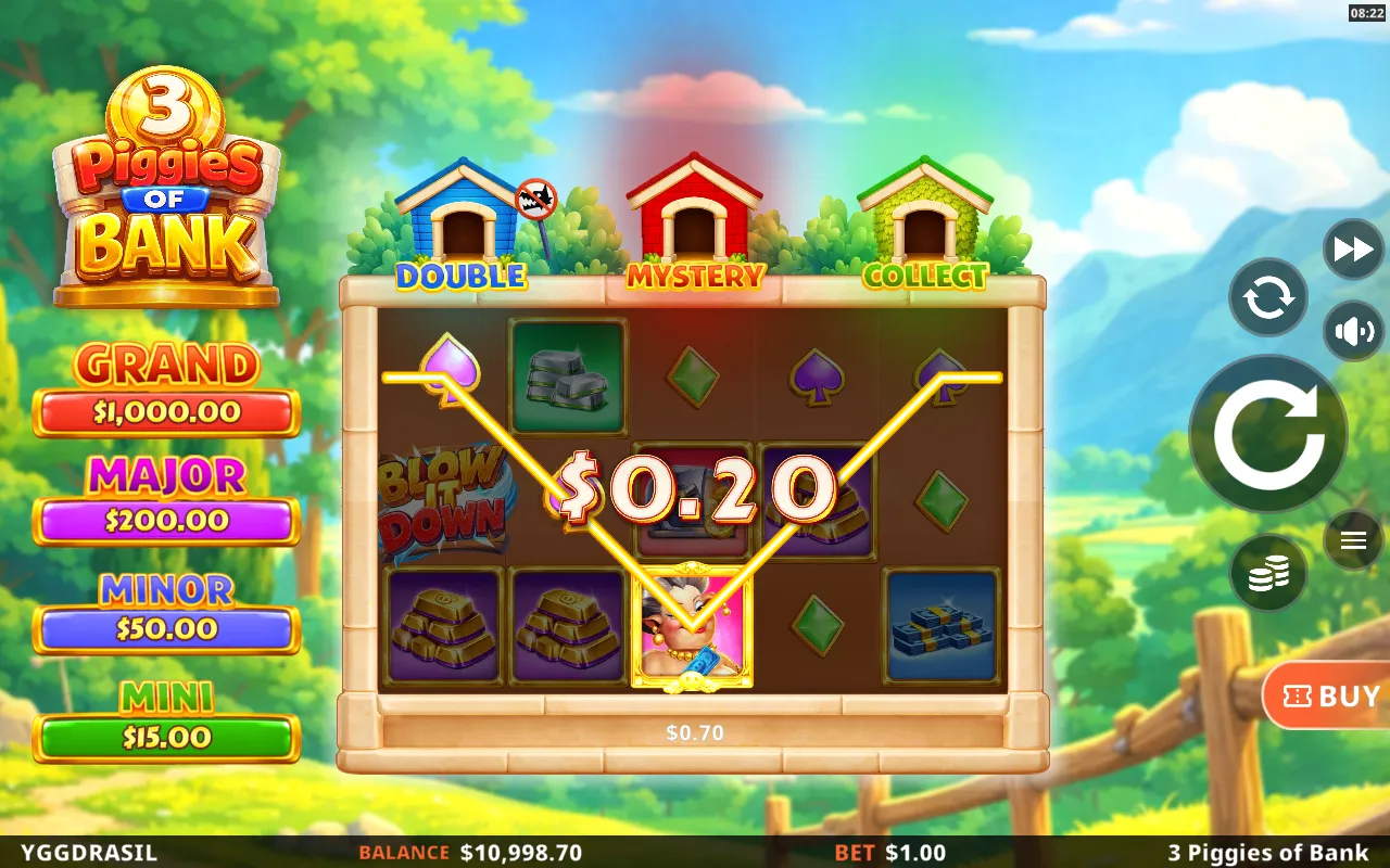Mamma Pig wild on the middle reel completing a spade payline for twenty cents, with the spin total reading seventy cents