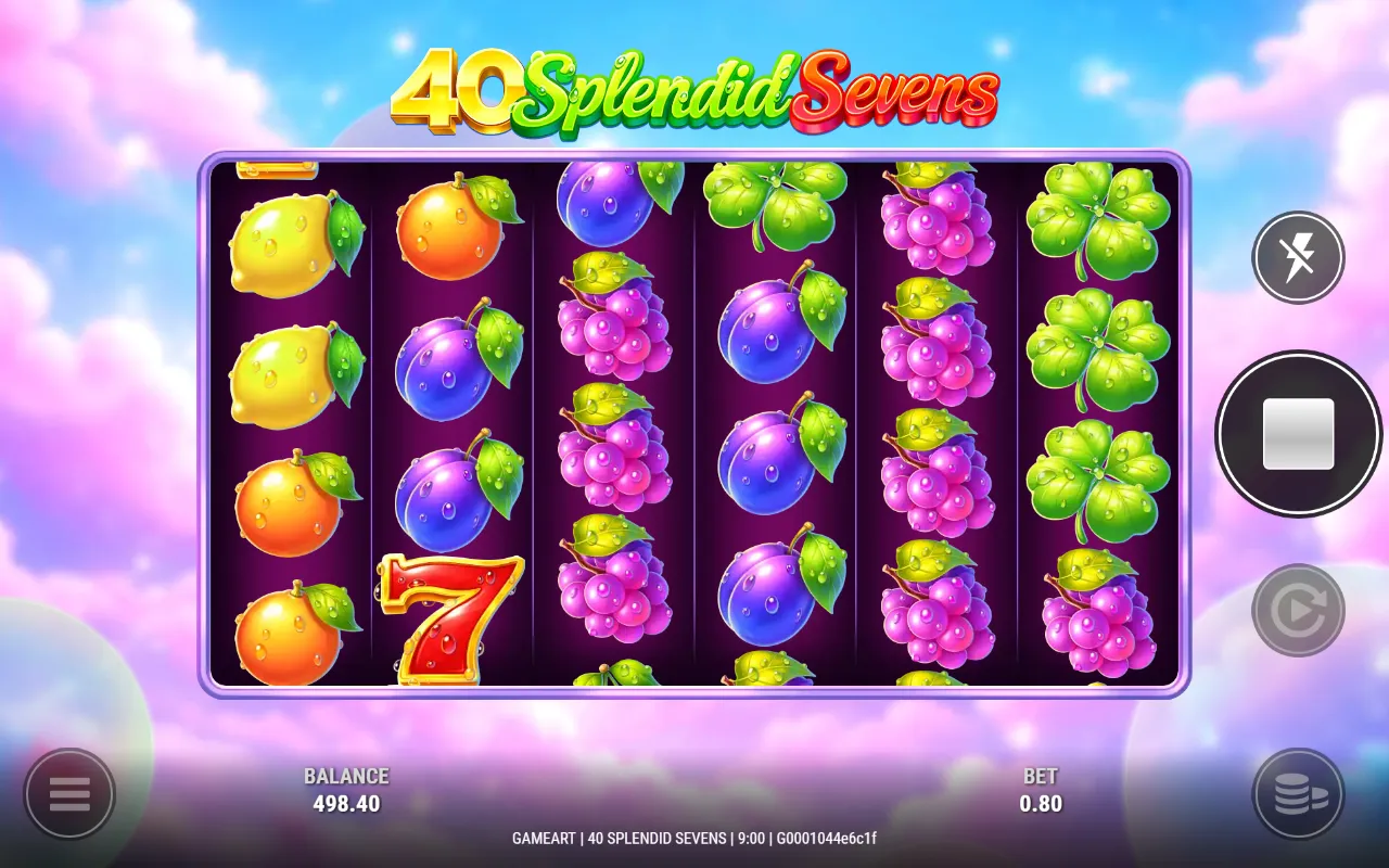40 Splendid Sevens grid with a full column of grapes on reel five and clovers filling reel six