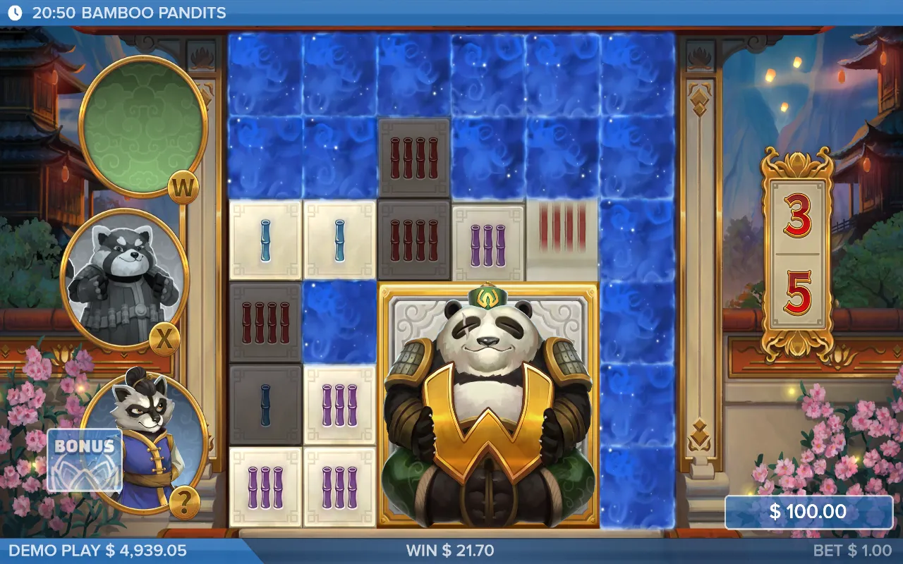The 6x6 bonus grid at dusk with paper lanterns lit, an armoured panda filling a 3x3 block of the grid, spin counter reading 3 of 5
