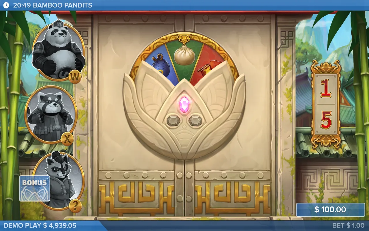 A stone lotus opening onto three coloured segments showing a smoke bomb, a dumpling and a rocket, with the three Pandits greyed out at the left