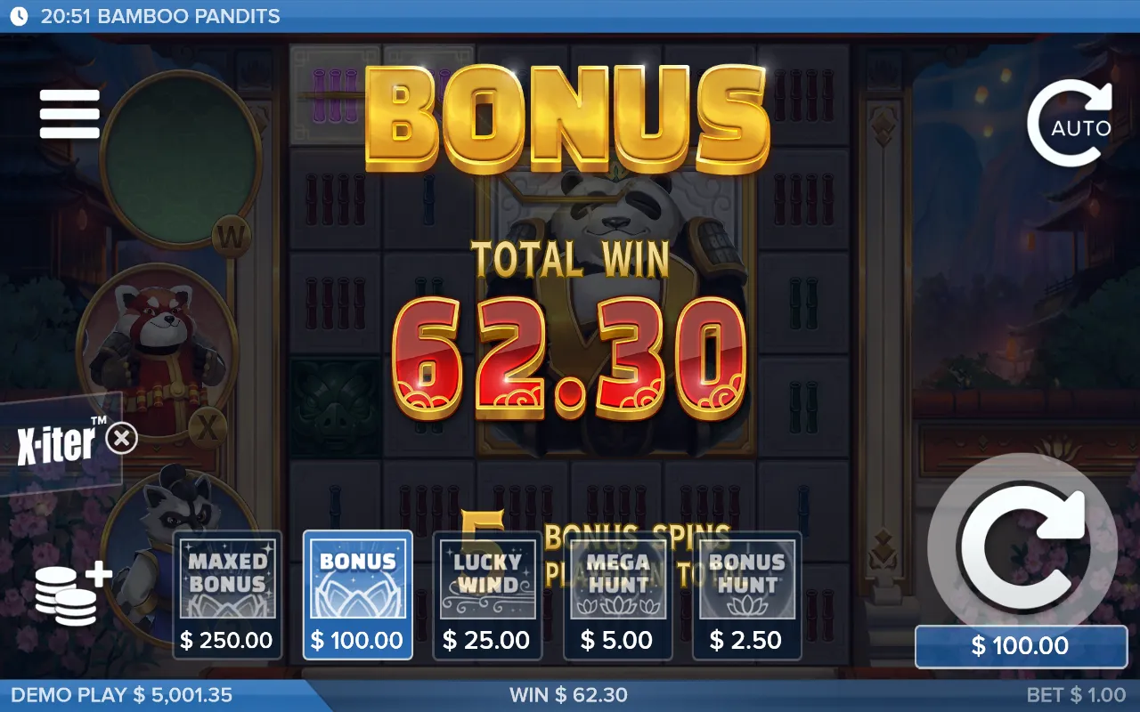Bonus summary screen reading TOTAL WIN 62.30 over 5 BONUS SPINS PLAYED IN TOTAL, with the five X-iter purchase cards along the bottom