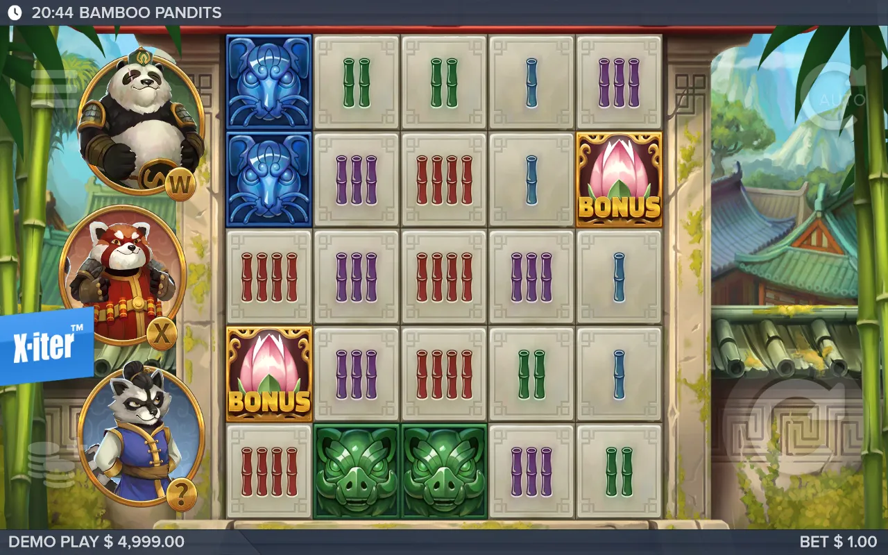 Bamboo Pandits 5x5 grid with two pink lotus Bonus symbols and stacked blue elephant masks on the temple reels