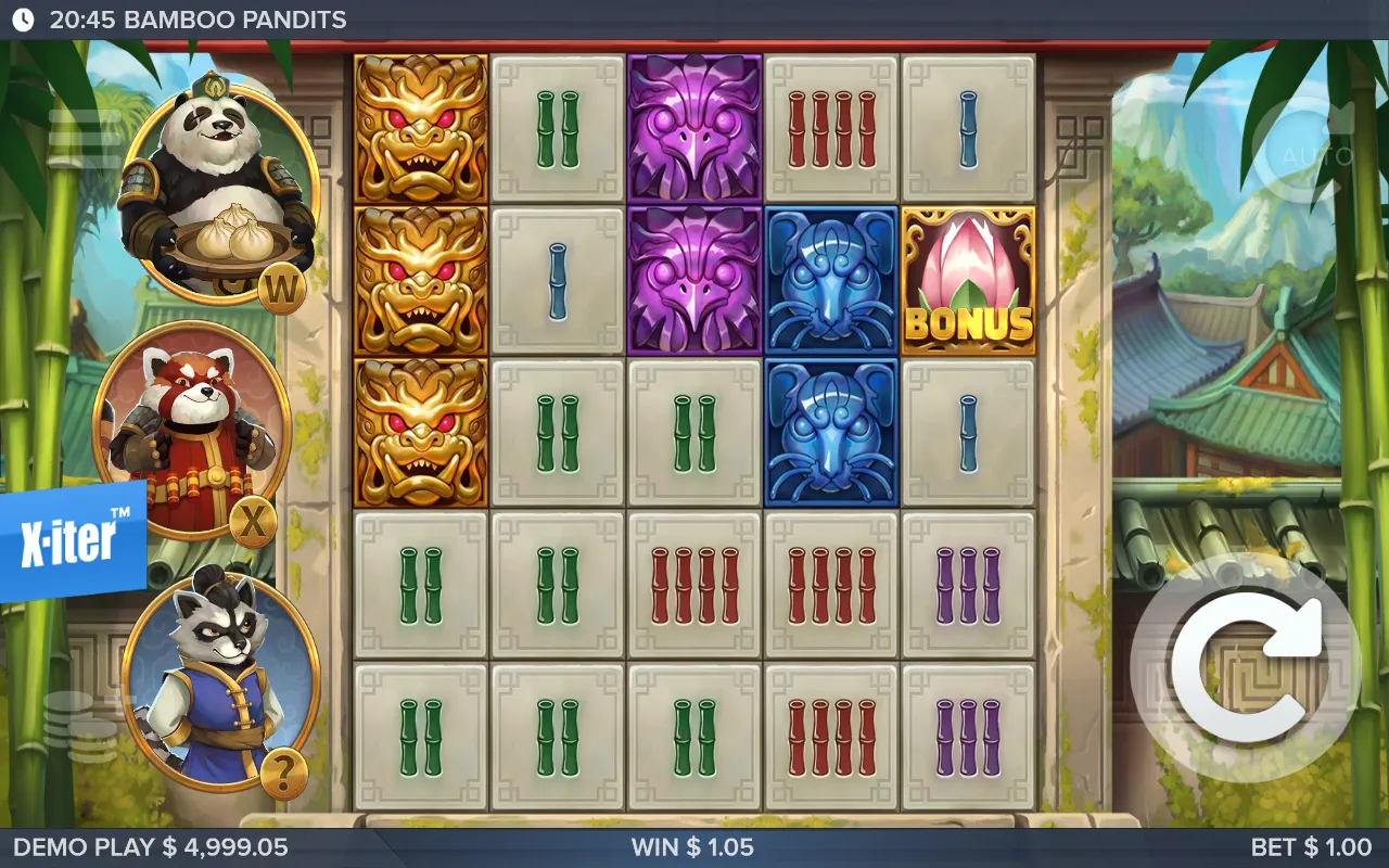 Three gold guardian masks stacked on the first column of the 5x5 grid, with a win of 1.05 dollars shown at the bottom of the screen