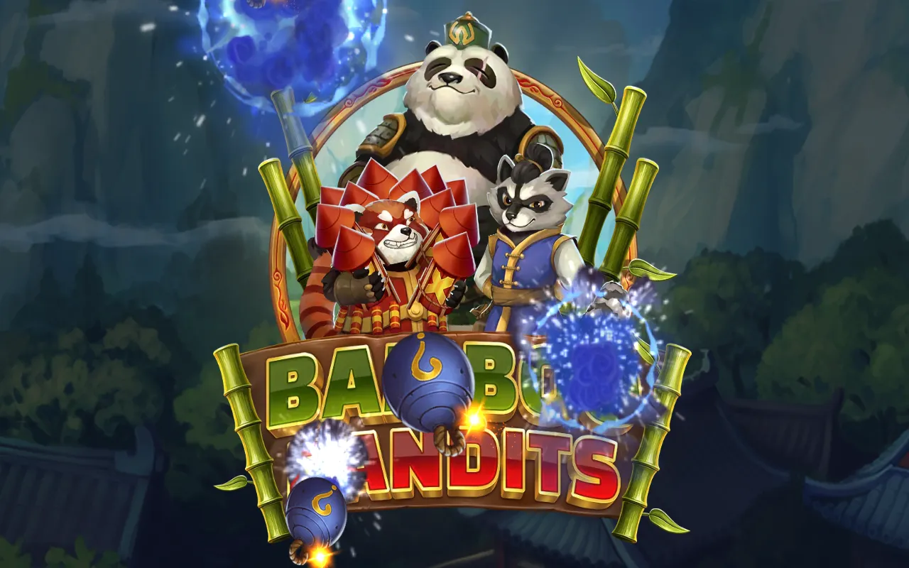 Bamboo Pandits title card with an armoured panda, a red panda in red mail and a masked raccoon, smoke bombs going off around the logo