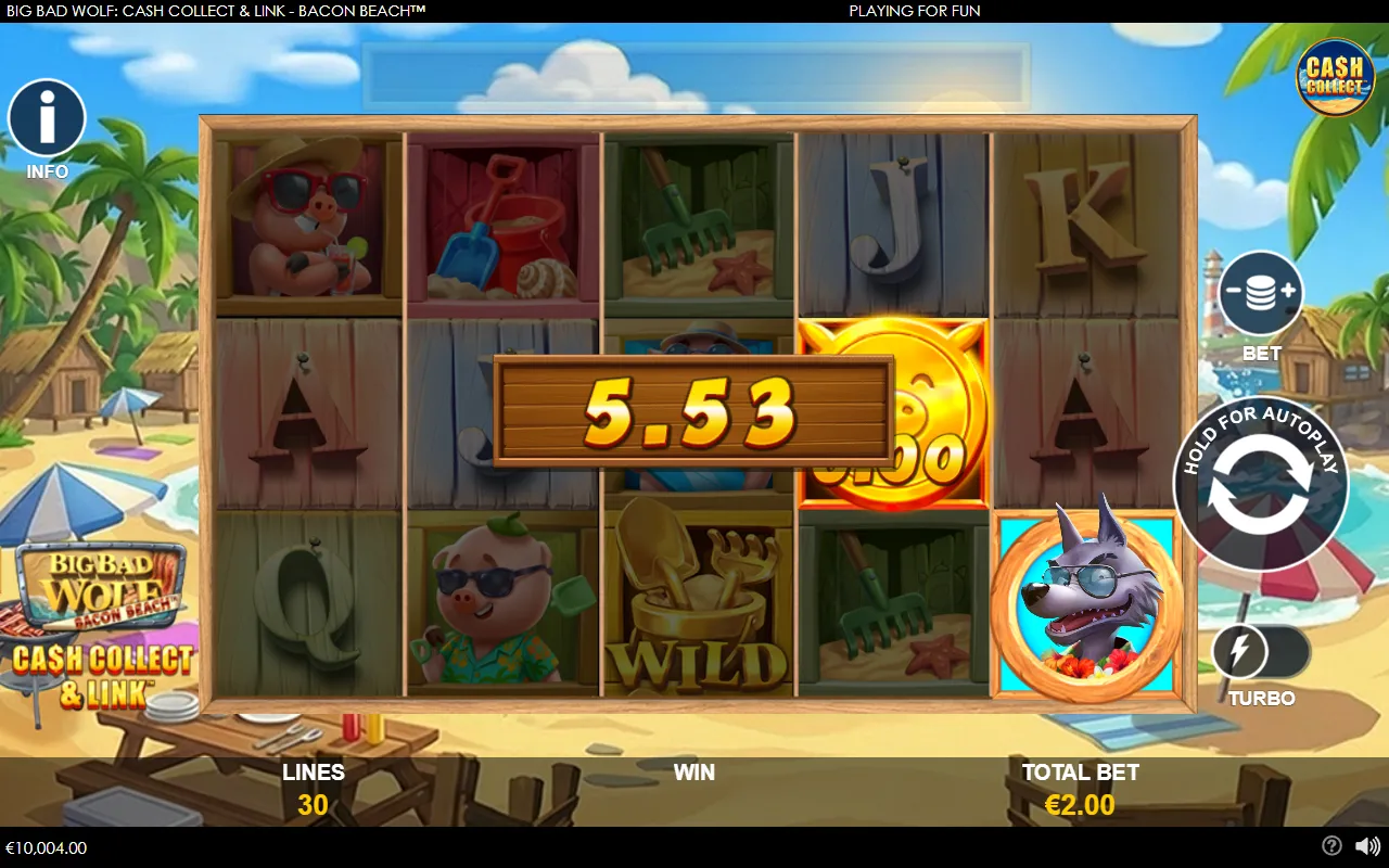 Wolf Cash Collect symbol on reel five with one gold coin on reel four and the win counter ticking up