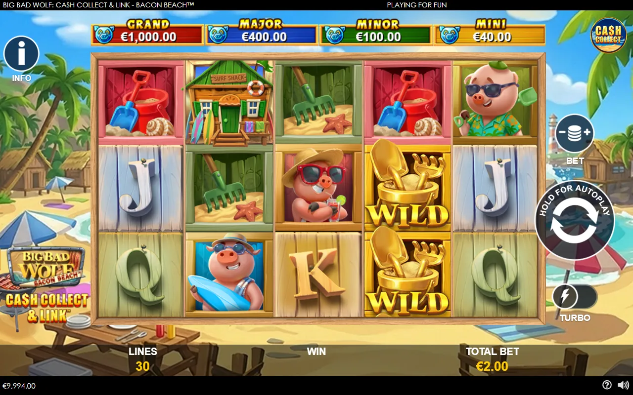 Big Bad Wolf Bacon Beach 5x3 grid of beach lockers with a single green surf shack house symbol on reel two