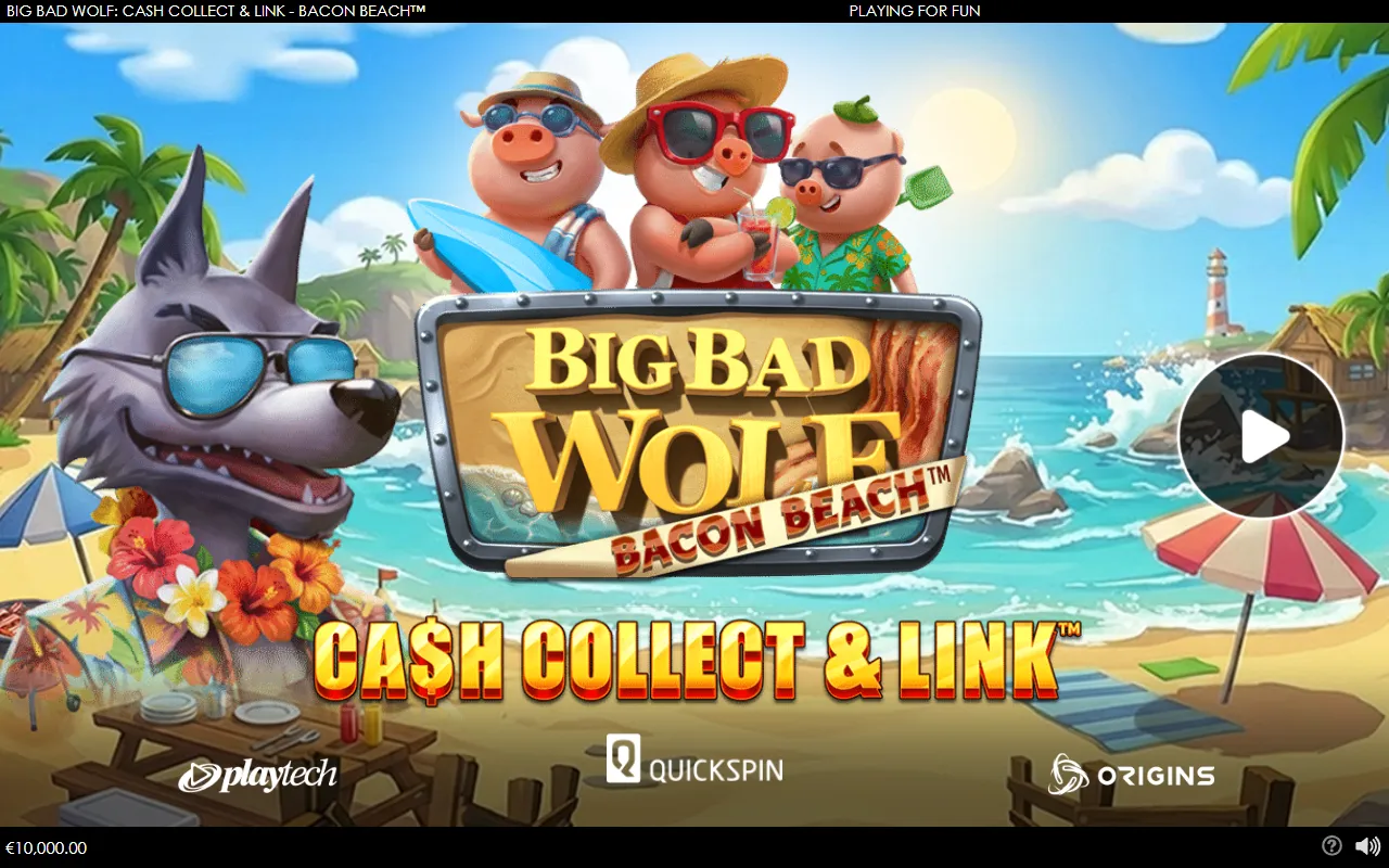 Big Bad Wolf Bacon Beach title screen with the wolf in sunglasses, three pigs in beachwear, and the Playtech, Quickspin and Origins logos