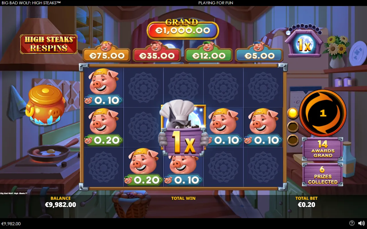 High Steaks Respins with a cleared board, the sticky wolf wild and six cash prize pigs collected