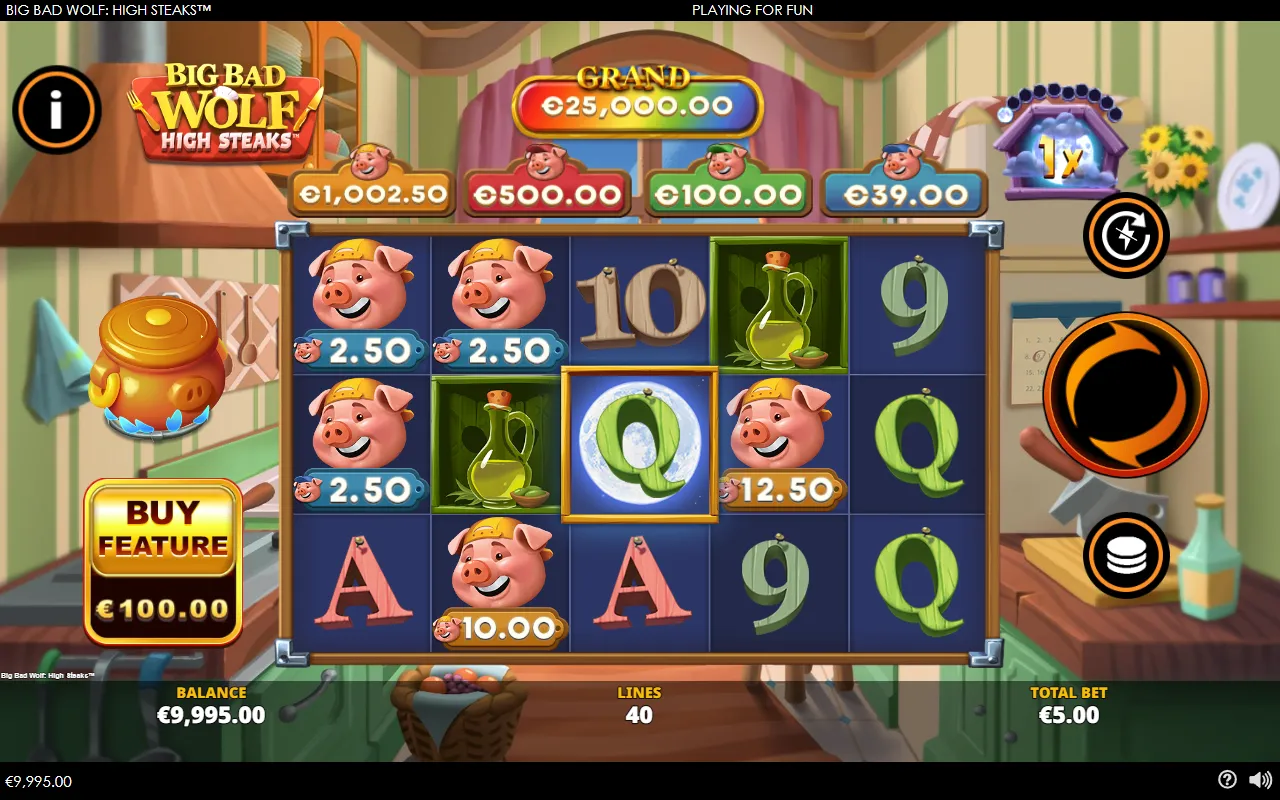 Big Bad Wolf High Steaks 5x3 grid with five cash prize pigs and no wolf in the centre hot zone