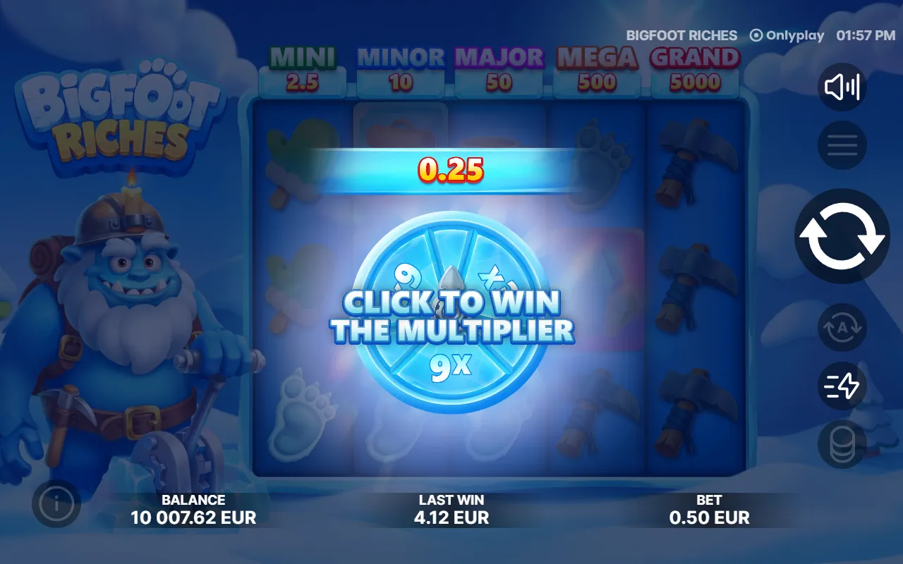 An ice-blue multiplier wheel overlaying the dimmed reels, with a 0.25 win in a bar above it