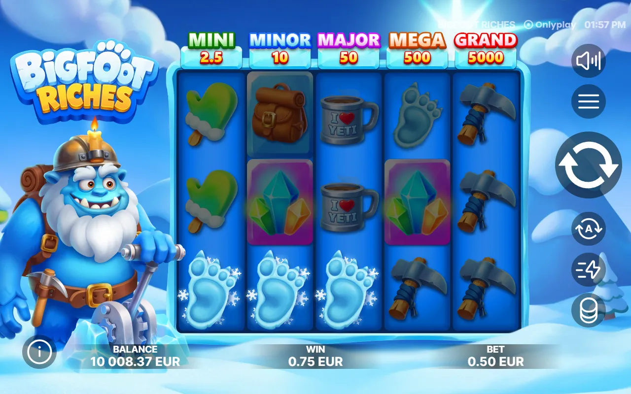 Three glowing paw prints across the bottom row, win 0.75 EUR, balance 10,008.37