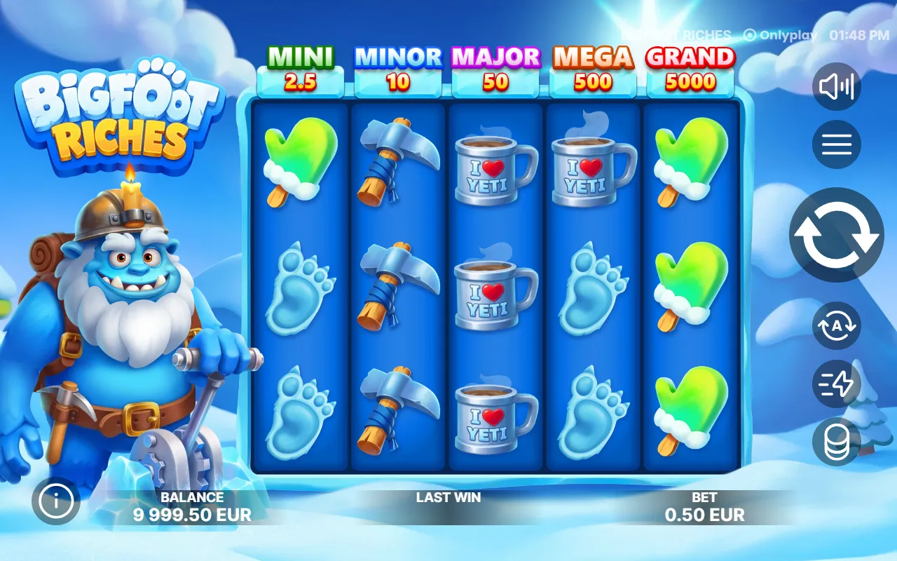Five reels of pickaxes, cocoa mugs, paw prints and ice lollies with no win registered, balance 9,999.50 EUR
