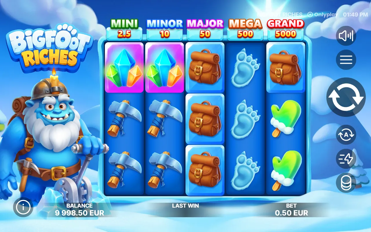 Two crystals on the top row, three backpacks stacked on reel three, three paw prints on reel four, no win registered