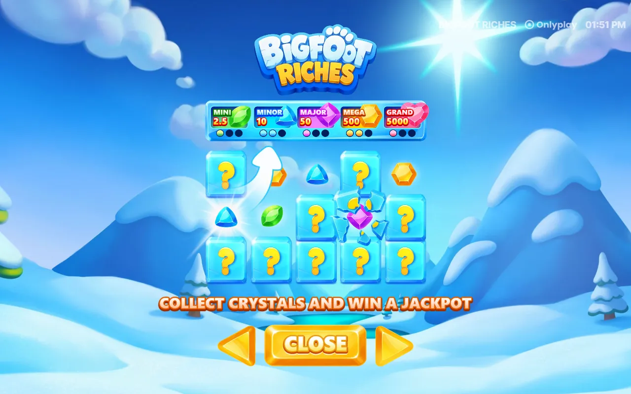 A grid of fifteen frozen cells marked with question marks below the five jackpot names, each name carrying a row of three gem slots