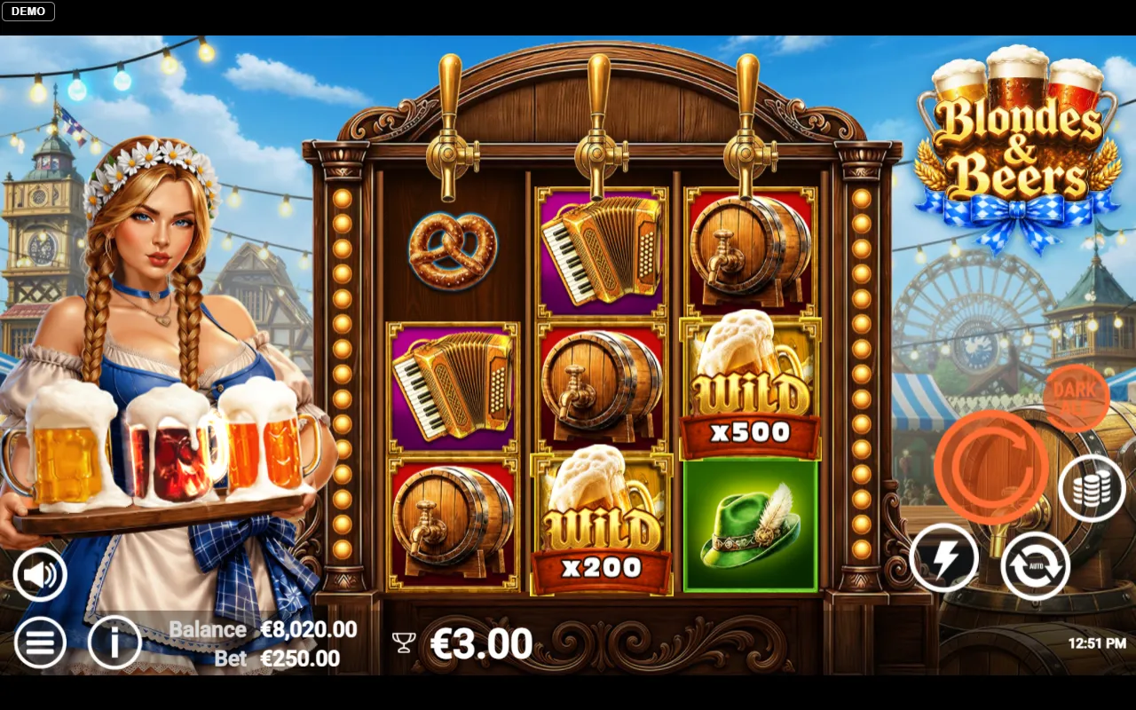 3x3 grid with x500 and x200 multiplier wilds and a three euro win on a 250 euro Dark Ale spin.
