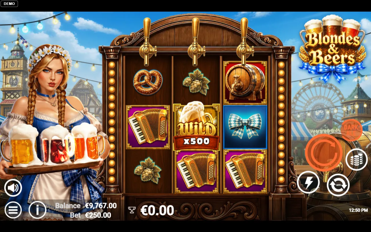 Dark Ale purchase at a 250 euro bet showing a guaranteed x500 multiplier wild that produced no win.