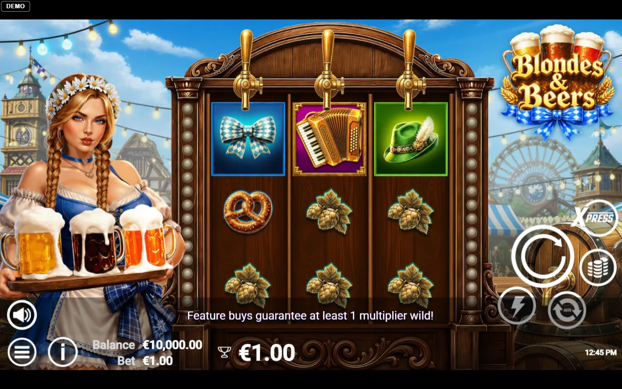 3x3 Oktoberfest slot grid with a low-symbol line paying one euro at a one euro bet.