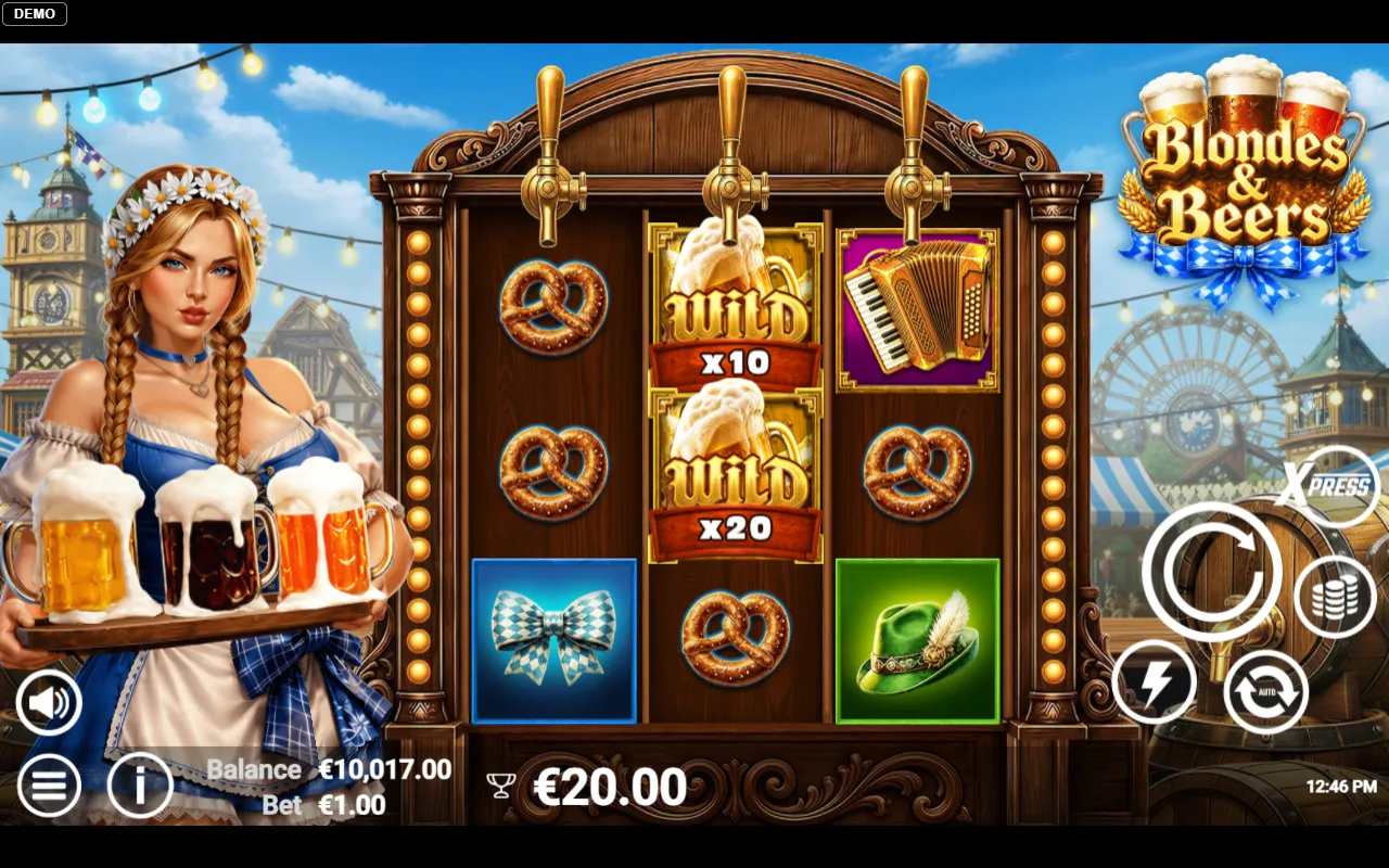 3x3 grid with two multiplier wild symbols reading x10 and x20 stacked on the middle reel and a twenty euro win.