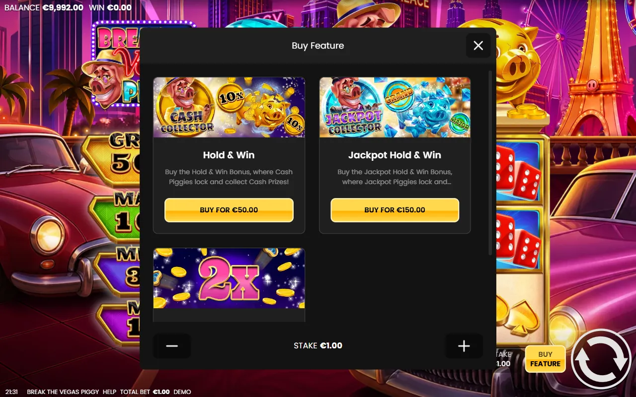 Break the Vegas Piggy buy feature panel offering Hold and Win at 50 euro, Jackpot Hold and Win at 150 euro and a bonus chance boost