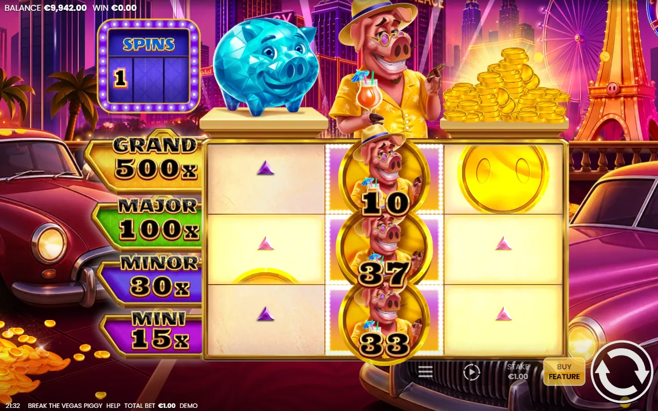 Break the Vegas Piggy Hold and Win grid with golden coins on the outer reels and a locked cash piggy holding a running total
