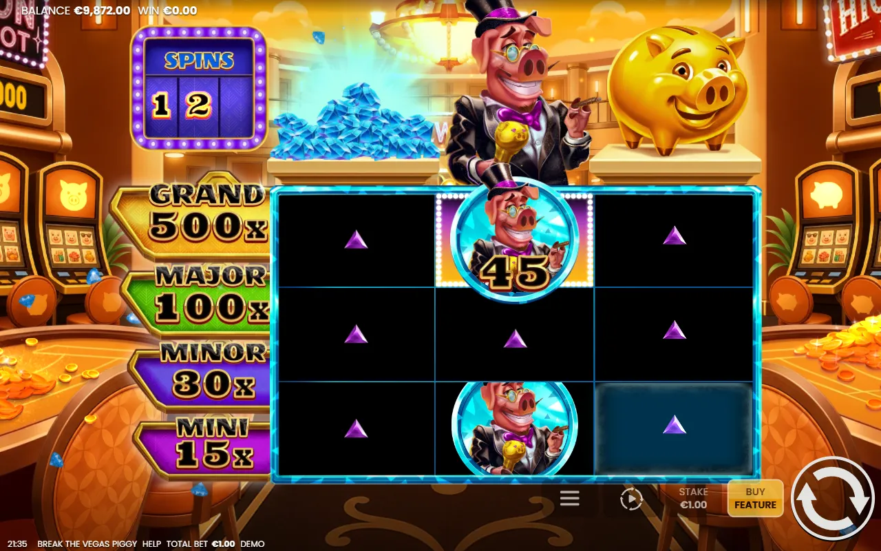 Break the Vegas Piggy Jackpot Hold and Win grid with a locked jackpot piggy holding 45 and seven empty cells
