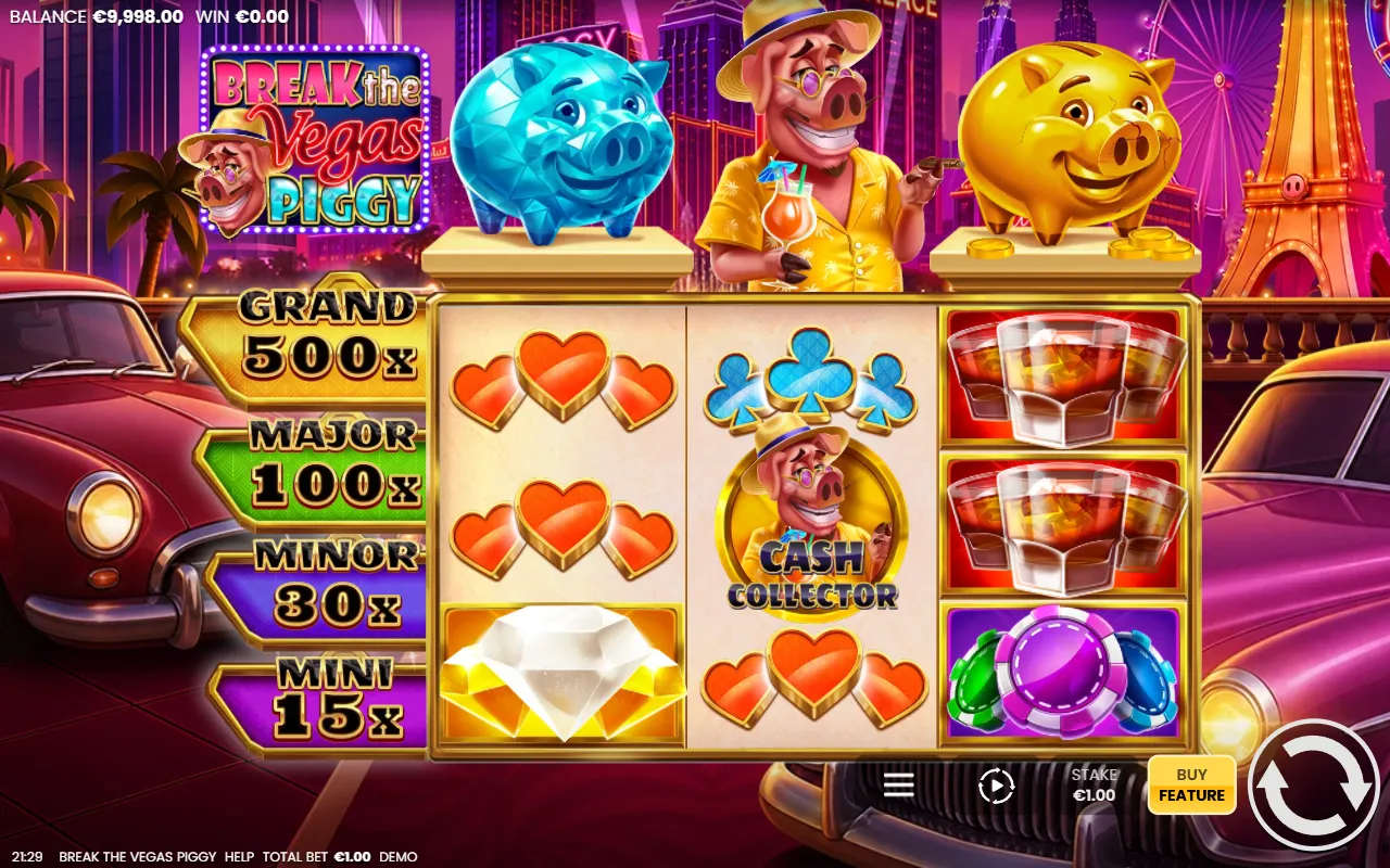 Break the Vegas Piggy 3x3 grid with the Cash Collector piggy alone on the middle reel and no golden coins to collect