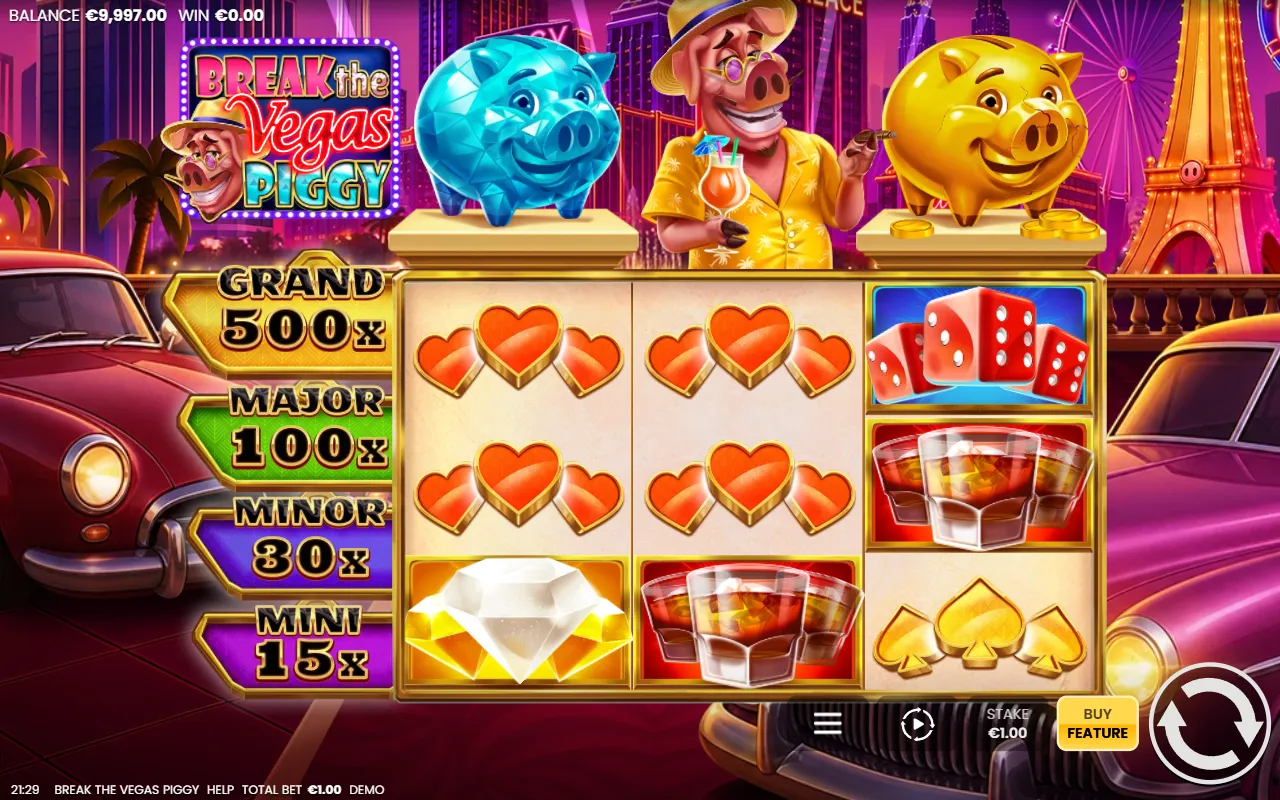 Break the Vegas Piggy 3x3 grid crowded with heart symbols that do not line up on any of the five paylines