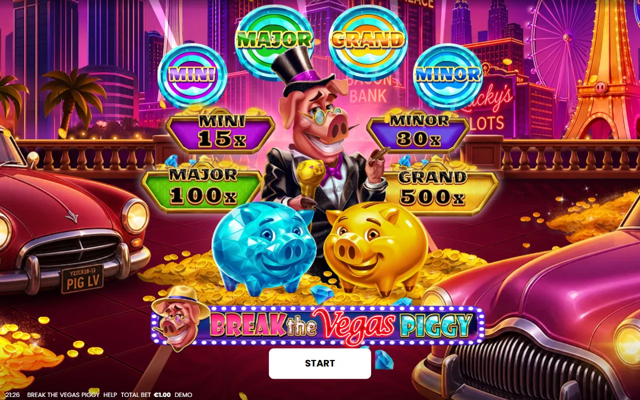 Break the Vegas Piggy splash screen with Mini, Minor, Major and Grand jackpot plaques from 15x to 500x and two piggy banks