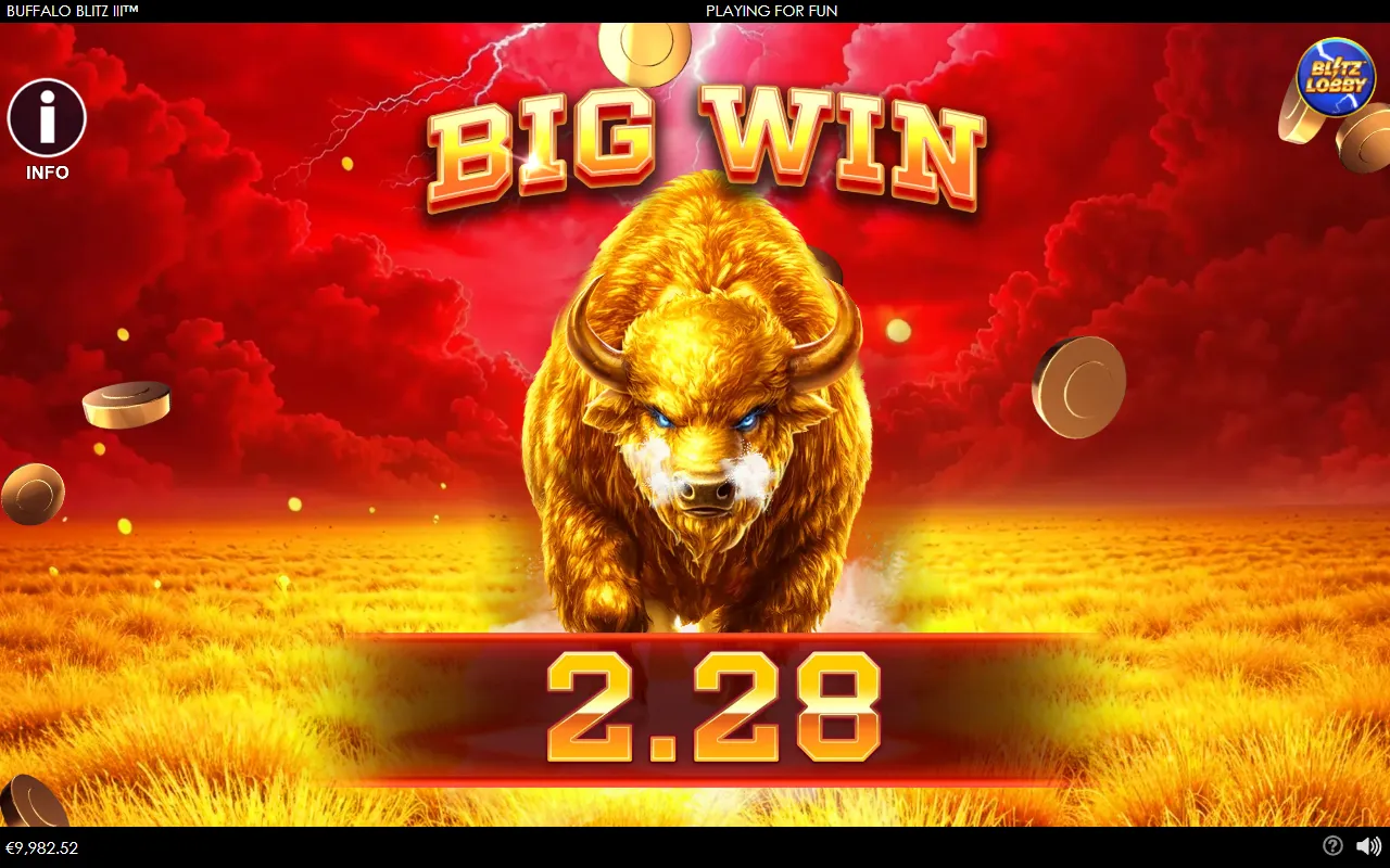 BIG WIN celebration screen with a charging gold bison and the figure 2.28