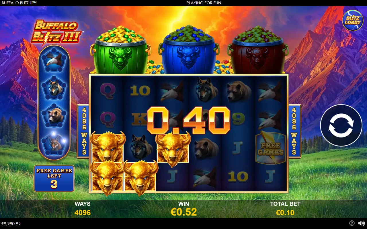 Buffalo Gold Free Games with a daylight meadow background, the collection ladder of animal heads on the left, three free games left and a 0.40 win landing