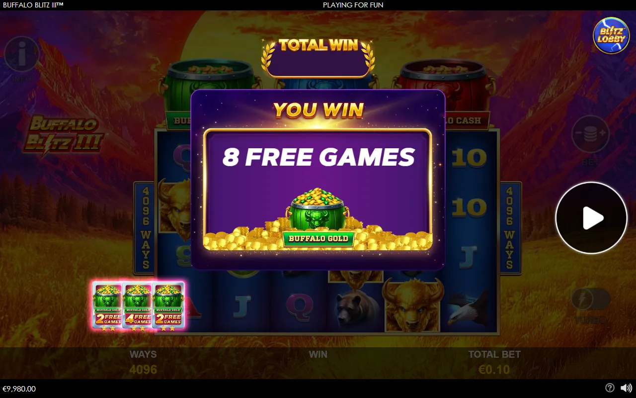 Lucky Box result screen reading YOU WIN 8 FREE GAMES with three Buffalo Gold cards along the bottom worth 2, 4 and 2 games