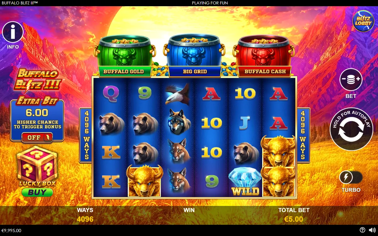 Buffalo Blitz III base game with a wild diamond on reel five and two stacked gold buffalo on reel six, win field empty