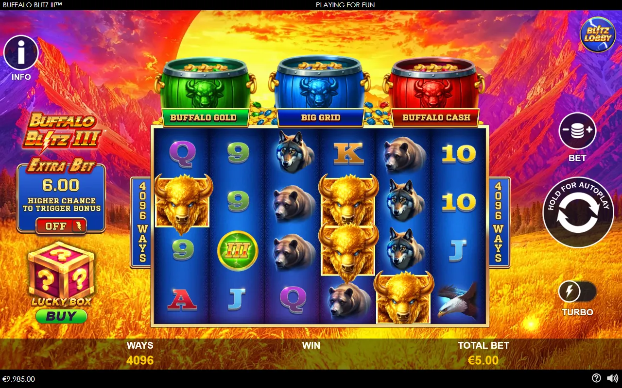 Buffalo Blitz III base game with a green coin on reel two and four gold buffalo symbols scattered across the grid