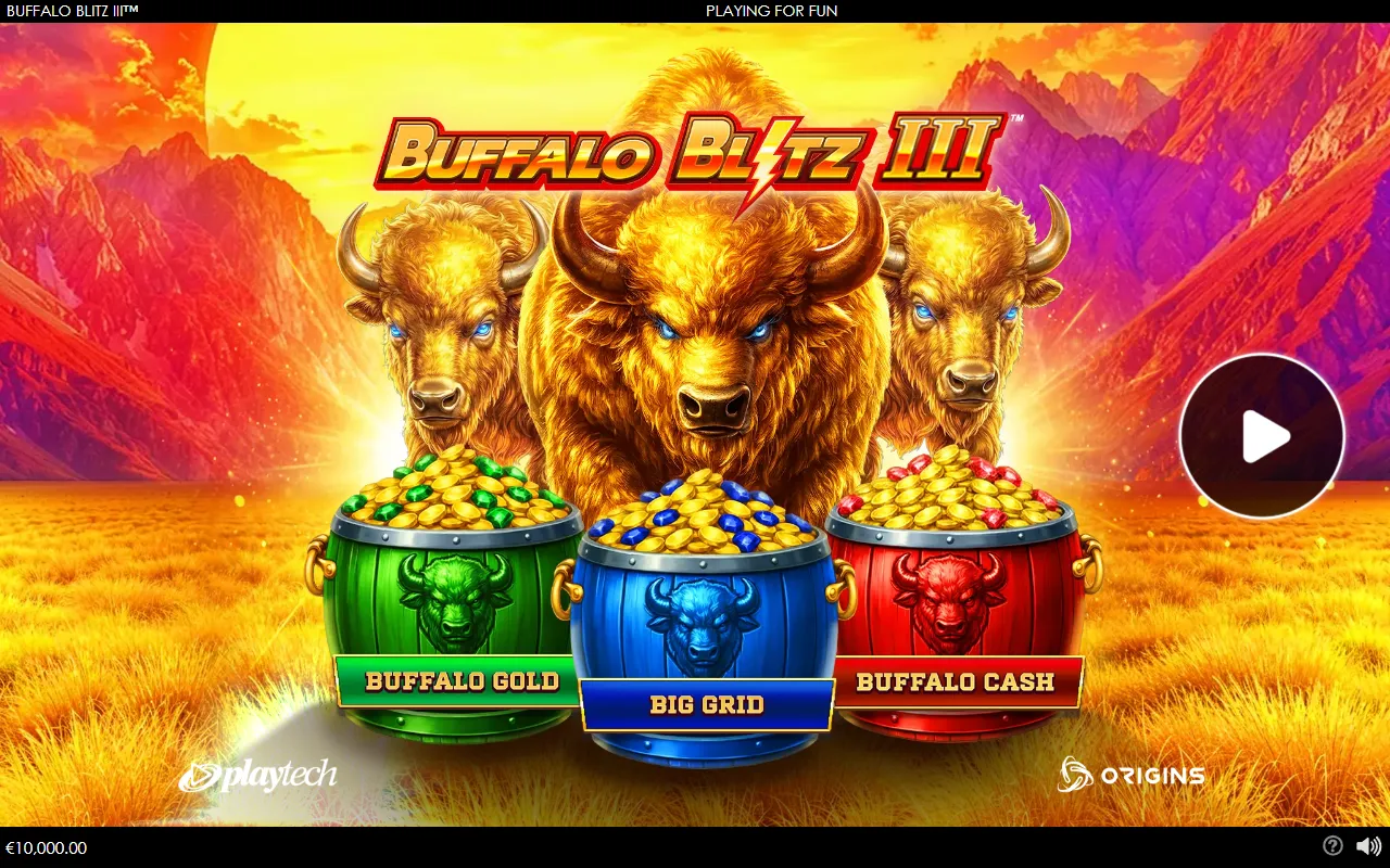 Buffalo Blitz III title screen with three gold bison and the green, blue and red barrels labelled Buffalo Gold, Big Grid and Buffalo Cash