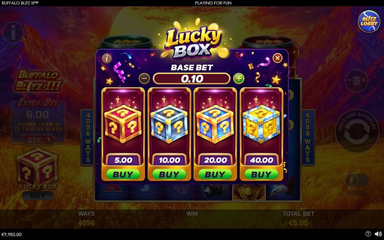 Lucky Box purchase panel showing a base bet of 0.10 and four boxes priced at 5.00, 10.00, 20.00 and 40.00