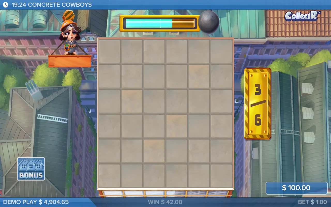 Concrete Cowboys grid completely cleared of symbols during the bonus, drop 3 of 6