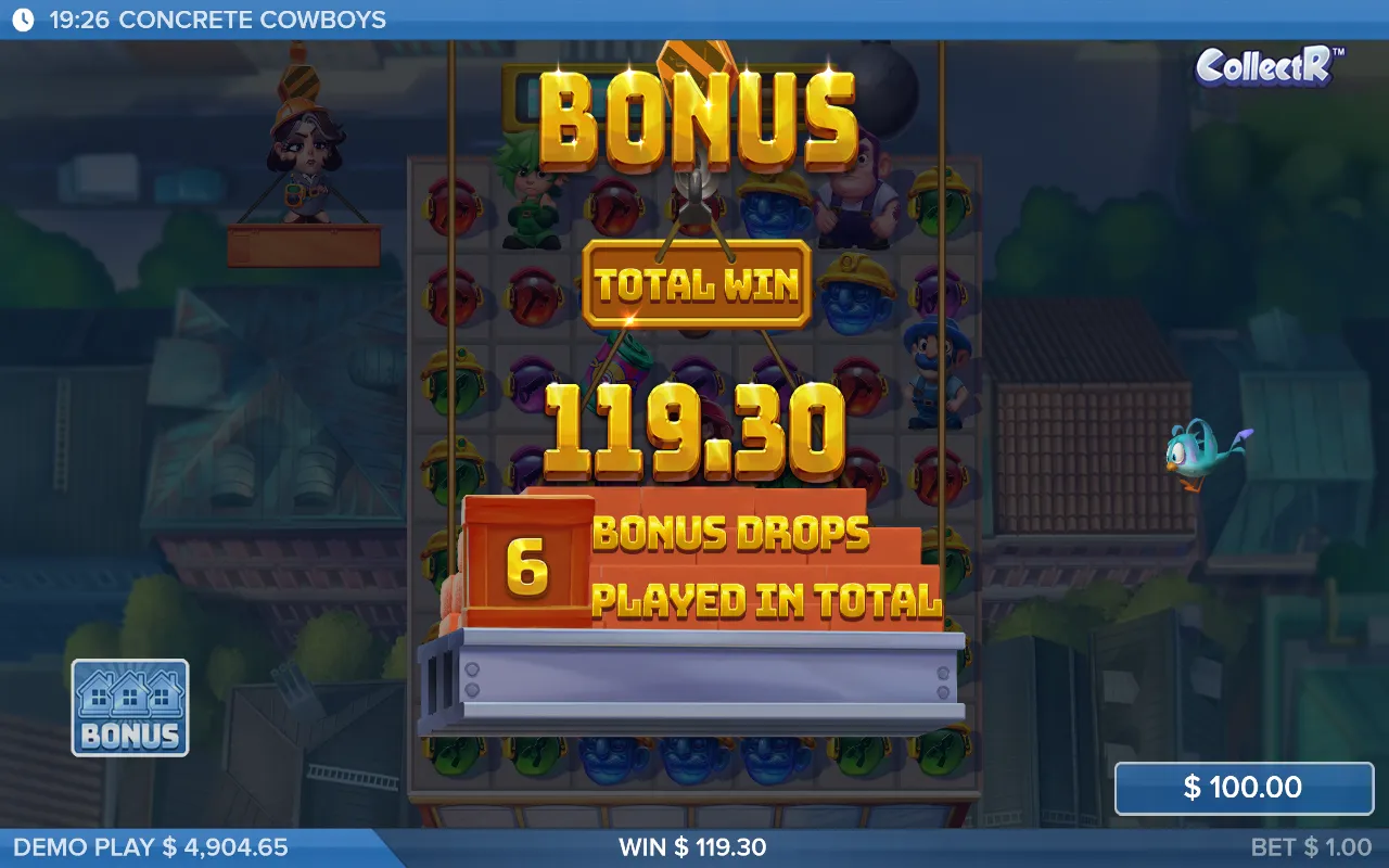 Concrete Cowboys bonus result screen showing a 119.30 total win over 6 bonus drops