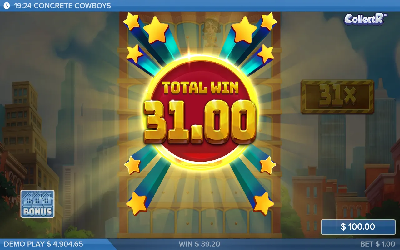 Concrete Cowboys Employee of the Month minigame ending on a 31x total win medal