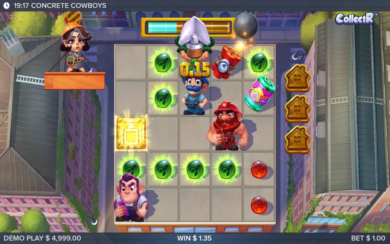 Concrete Cowboys 5x5 grid with the green Collector collecting a row of highlighted green gems for a 1.35 win