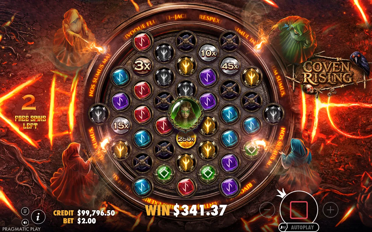 Coven Rising free spins on scorched red earth with coin symbols reading 3x, 10x, 45x, 15x and 250x