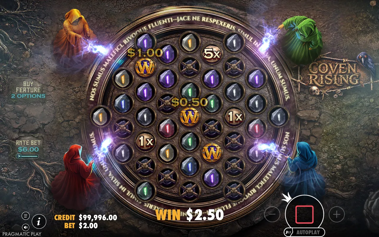 Coven Rising base game spin with three wild symbols and coin symbols reading 5x and 1x on the circular board