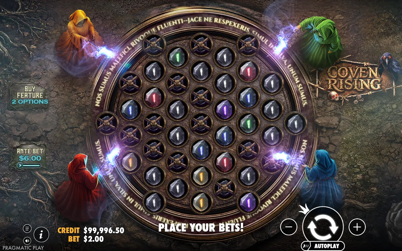 Coven Rising base game spin with a third of the circular 43-position disc covered in crossed-stick blank symbols