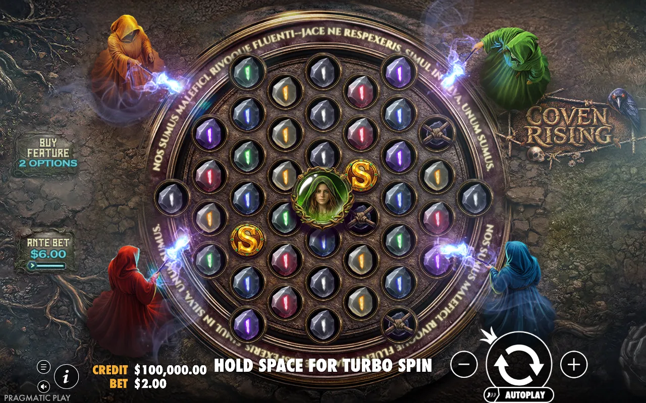Coven Rising circular runestone board with the Green Witch in the centre position and two gold scatter symbols